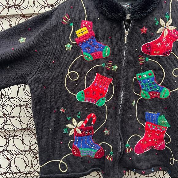 Vintage 90s Ugly Christmas Stockings Embroidered Cardigan Sweater Fur Collar XL - Picture 2 of 5